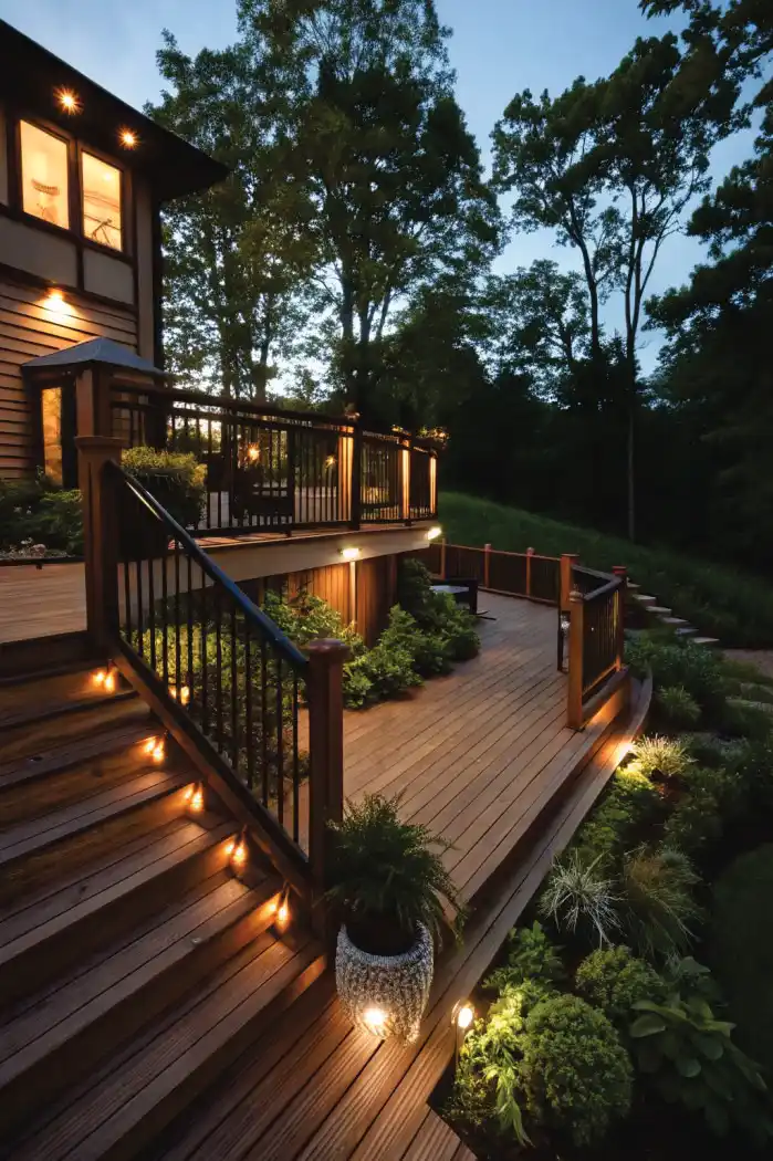 Deck staircase with landscape lighting